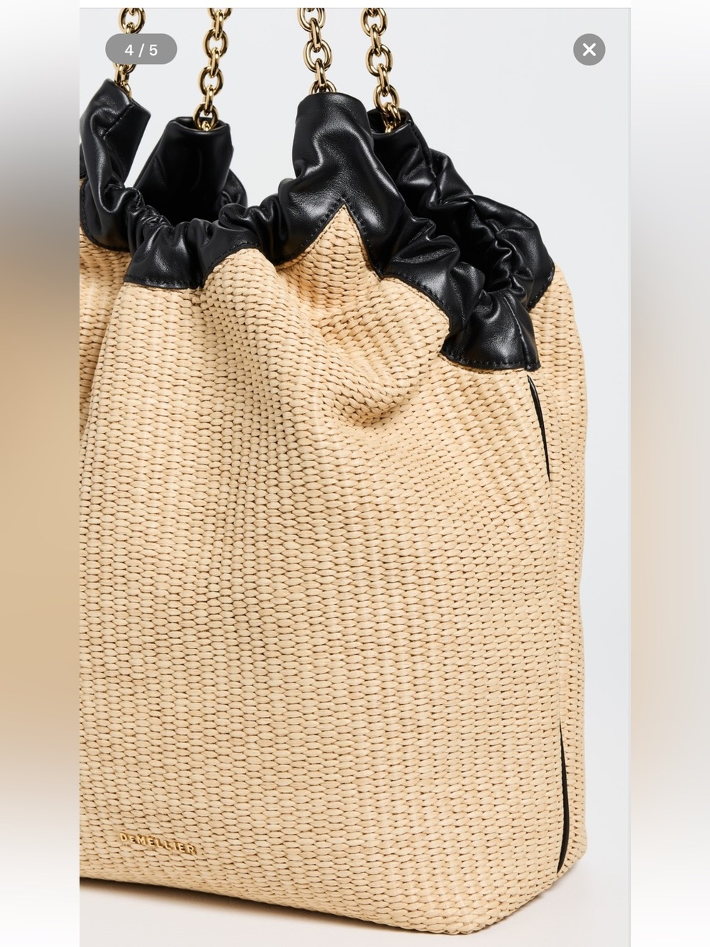 DeMellier Beige Straw Tote with Black Leather Trim and Gold Chain Handles - Picture 5 of 7